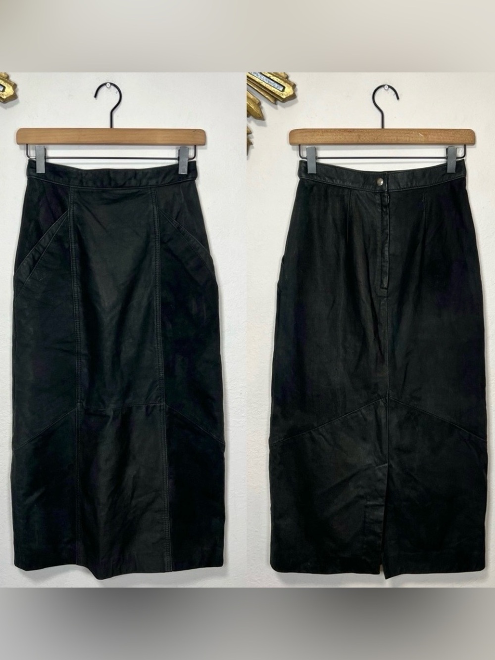 Vintage Black Leather Midi Skirt
